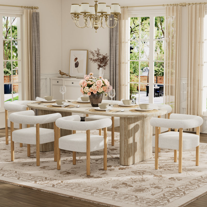 Ensemble de table de salle à manger extensible ovale en panneau de fibres à densité moyenne blanc cassé avec chaises 4/6/8 en molleton blanc, conception à deux piliers, longueur réglable, pour la salle à manger et le salon