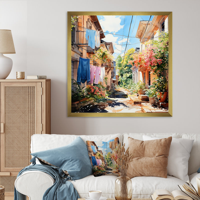 «Italian Village», reproduction de scène rustique sur toile - Jour de lessive en Italie II, Cadre doré simple