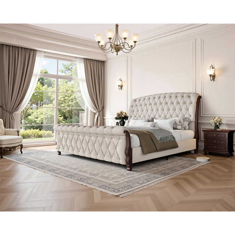 Dulane King Size Tufted Upholstered Sleigh Bed, Modern Chenille Platform Bed Frame, No Box Spring Required, cream, Cream