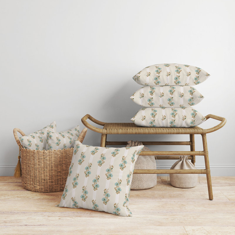 Oreiller réversible floral intérieur / extérieur Floral Luminosité, Beige / floral turquoise, H 16 po x l 16 po