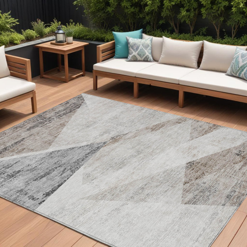 Tapis extérieur lavable abstrait beige et gris argenté 10 pi x 14 pi