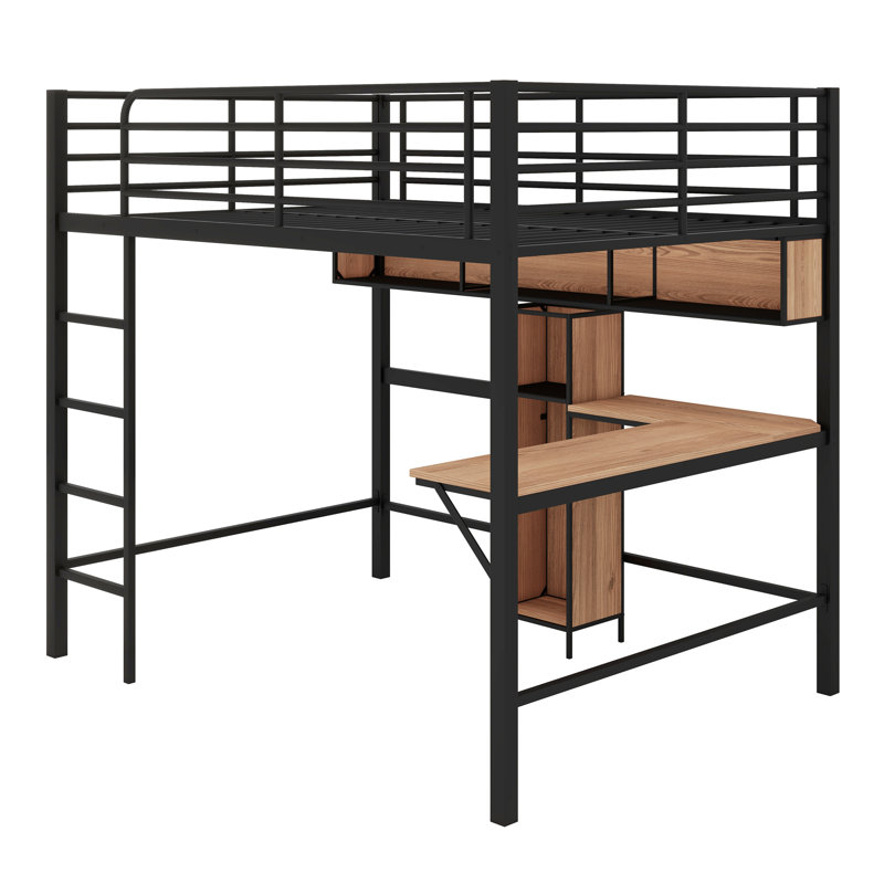 Lit mezzanine avec bureau en L et tablettes