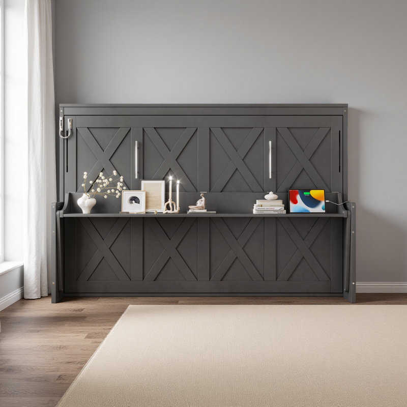 Lit escamotable avec bureau, station de charge USB, lumières DEL, Lit double, Gris foncé