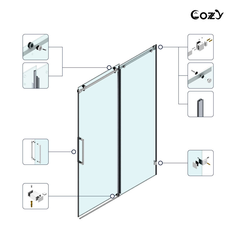 56-61" W x 66" H Frameless Single Sliding Tub Door with 3/8" (10mm) Clear Tempered Glass, Shatter-Resistant Film & Installation Hole Locator - Square Top Rail