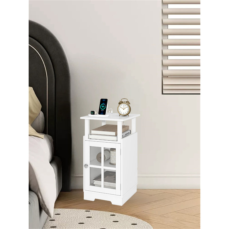 Multi-Functional Bedside Table With Charging Station & Storage, White