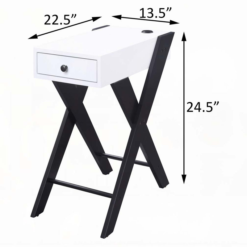 White and Black Side Table with USB Ports, White