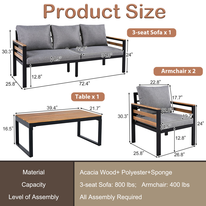 Ensemble de conversation de patio 4 pièces pour 5 personnes avec table basse en bois massif, Gris
