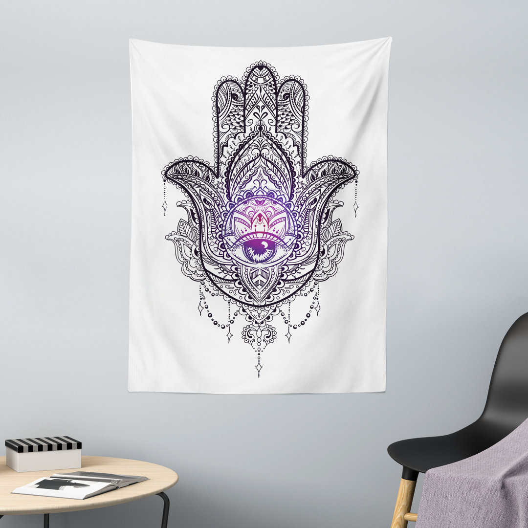 Wandteppich, Mandala Orient Lotus, Hamsa, Lila Schwarzweiss