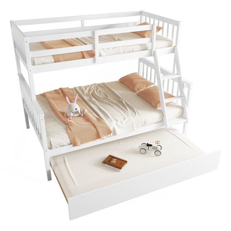Twin Over Full Rubber Wood Bunk Bed With Trundle, Convertible Ladder And Guardrail, Detachable, Convertible Bed, With Twin Size Trundle ,White