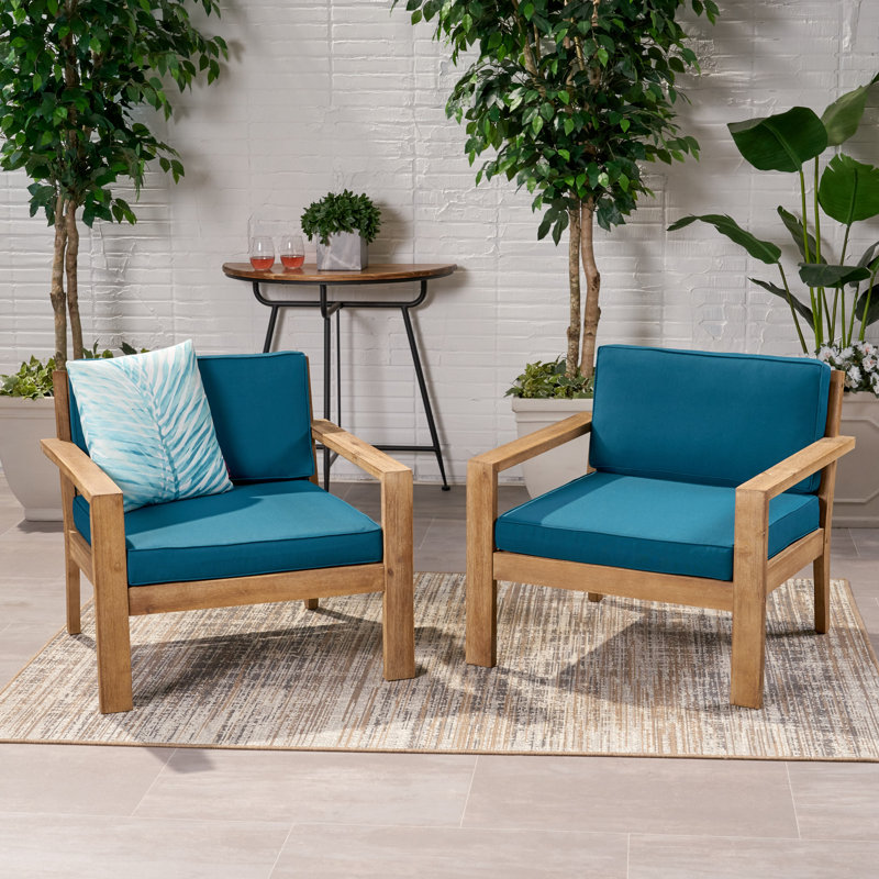 Aylie Acacia Outdoor Lounge Chair, Teal Cushion/Light Brown Frame, Teal Cushion/Light Gray Frame