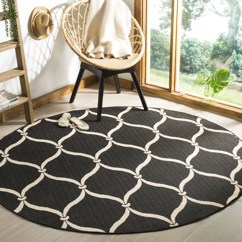 Tapis intérieur / extérieur noir / beige Abeeda Palmetto, Rond 6 pi 7 po