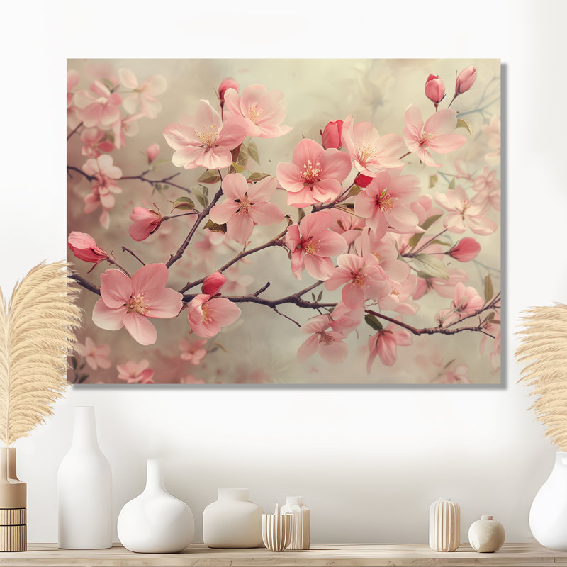 Pink Grey Apple Blossoms Of Spring II - Apple Blossom Wall Art Print, 12" H x 20" W, Black Picture Framed