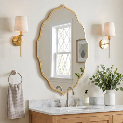 Gold Scalloped Mirror, 30''L×18''W Oval Wavy Wood Framed Mirror for Wall Decor, Hanging Leaning for Bathroom, Nursery, Entryway, Vanity, Living Room