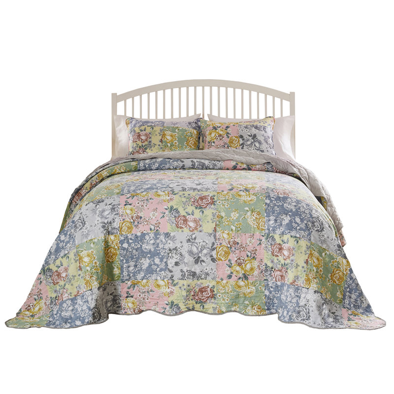 Gray Cotton King Reversible Floral Patchwork Bedspread Set