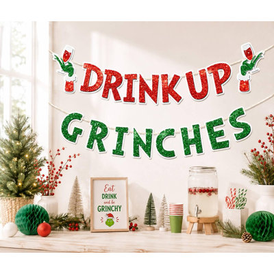 Bannière « À votre santé, Grinch ! », décorations pour une fête de Noël arrosée, bannière humoristique pour une fête de Noël, décoration pour une soirée cocktail de Noël