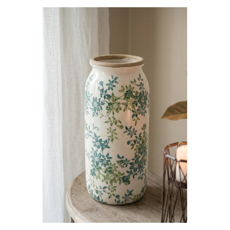 Vase floral cylindrique en céramique avec finition ivoire craquelée, décor botanique bleu et vert