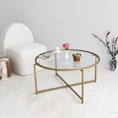 Modern Glam Coffee Table, Gold Finish, 32.7 x 15.7 x 32.7 inches | 100% Tempered Glass Top (0.16 inches Thick) & 100% Metal Frame | Elegant Design for Living Room & Contemporary Spaces, Durable & Stylish