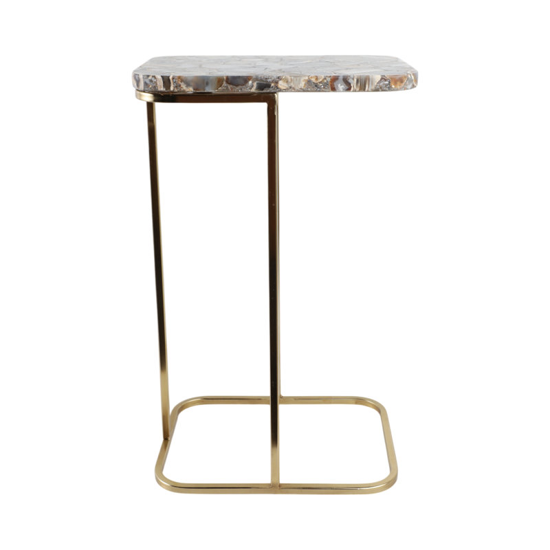 Side Table with Agate Top and Gold Metal Base, C-Shaped End Table for Living Room, Modern Accent Table, 24", Black