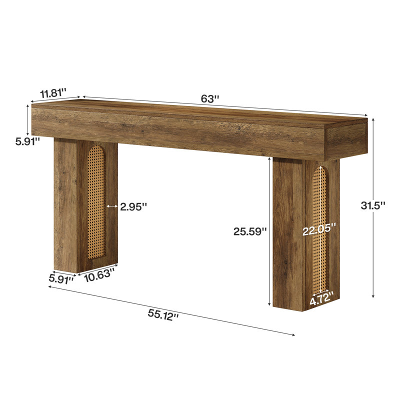 63 Inch Rattan Console Table, Farmhouse Entryway Table Sofa Table With Heavy Duty Legs