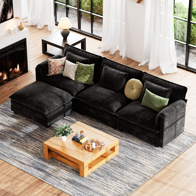 Canapé modulaire rembourré en L de 4 pièces avec repose-pieds 4 pièces de 113 po, Chenille noir