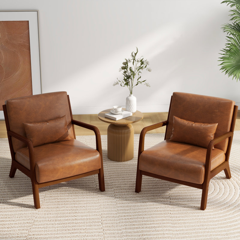 Fauteuil d'appoint Jyrin, Bois brun foncé, Similicuir brun clair Cesaria