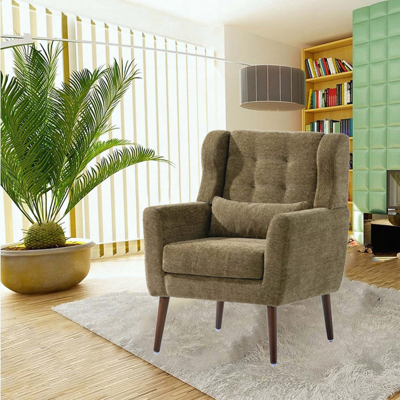 Chaise d'appoint en chenille avec coussin de taille - Pieds en bois massif, Vert olive