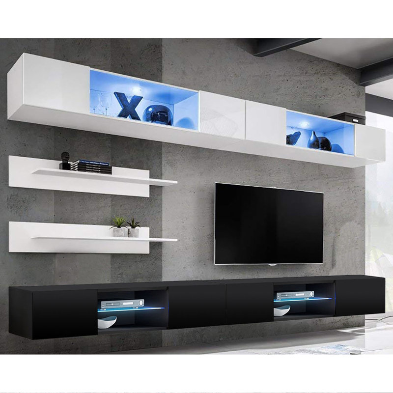 Lizotte 126" Modern Floating Wall Mounted Entertainment Center with 16-Color LED Lighting, High Gloss Finish, White/Black