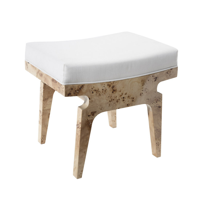 Beige Cerused Oak Rectangular Accent Stool with White Linen Cushion