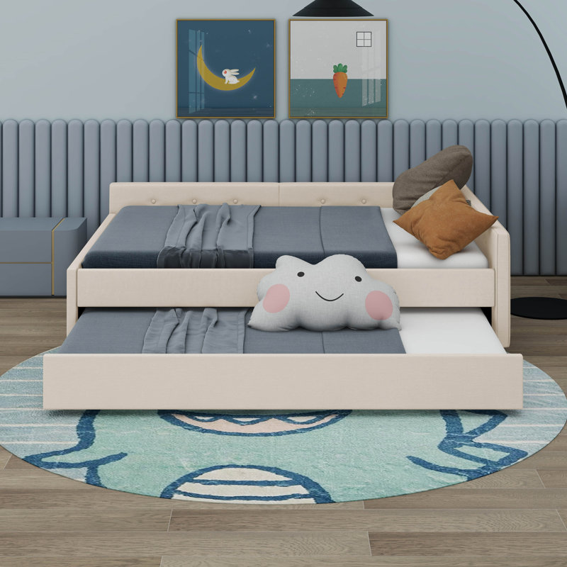Lit plateforme tapissier avec port USB et lit gigogne simple, Double