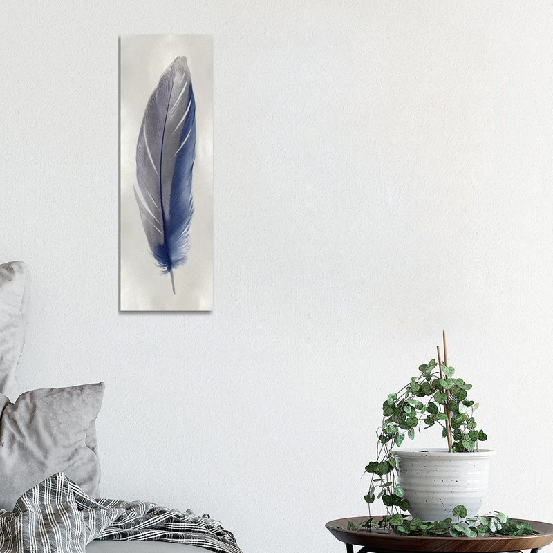 Blue Feather On Silver II by Julia Bosco - Panoramic Gallery-Wrapped Canvas Giclée on Canvas, Wrapped Canvas