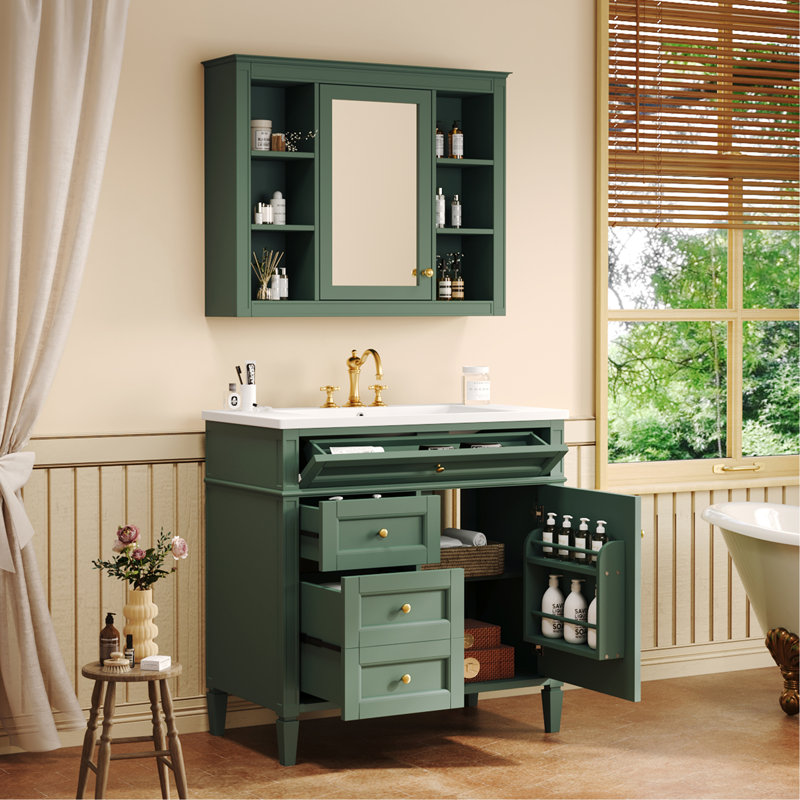 Single Bathroom Vanity with Ceramic,Solid Wood+MDF Top