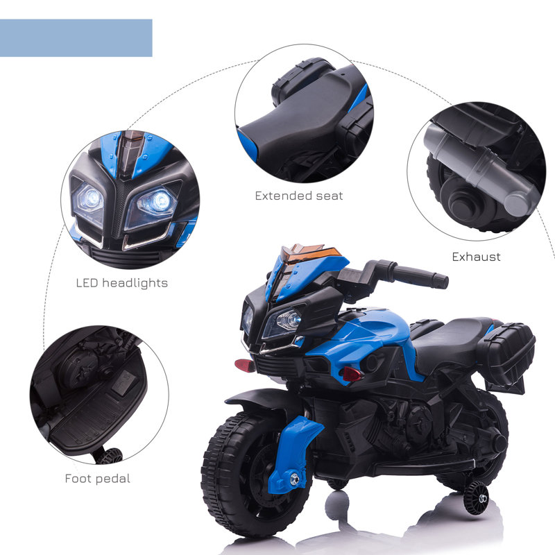 Blue 6-Volt Kids Electric Ride-On Motorcycle with Training Wheels