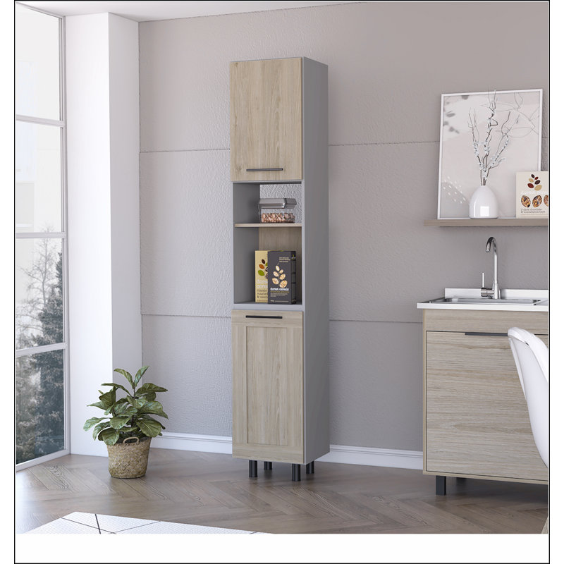 Devoux 2-Door 2-Shelf Kitchen Pantry Light Pine and Gray