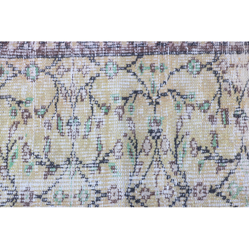 Tapis turc rétro Oushak aux tons doux - petit tapis de salle de bain jaune à tissage plat