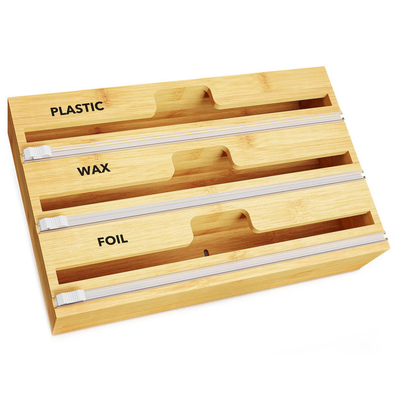 3 In 1 Wrap Organizer With Cutter And Labels, Plastic Wrap, Aluminum Foil And Wax Bamboo Dispenser For 12" Roll (Natural, 3-Slot)
