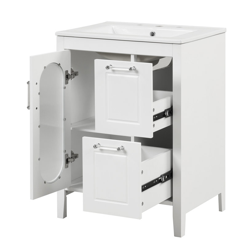 Meuble-lavabo 24 po avec lavabo, meuble-lavabo avec deux tiroirs et porte, tablette réglable, bois massif et panneau de fibres à densité moyenne