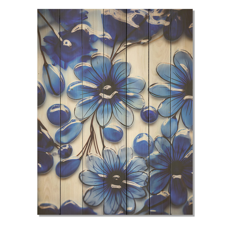 Fleur bleue mosaïque botanique I - Botaniques sur bois, H 20 po x l 10 po