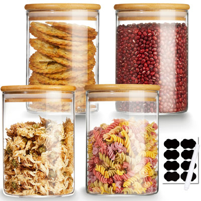 4 Pack Glass Storage Jars With Airtight Bamboo Lid, 27 OZ Glass Canisters Set With Labels, Glass Food Storage Jar For Kitchen, Clear Container