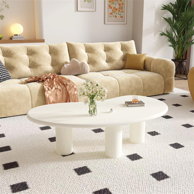 47" Modern Irregular Wood Coffee Table - Thick & Sturdy 3-Leg Design, Multi-Functional Living Room Center Table for Apartment, Indoor Tea Table, Simple Contemporary Style