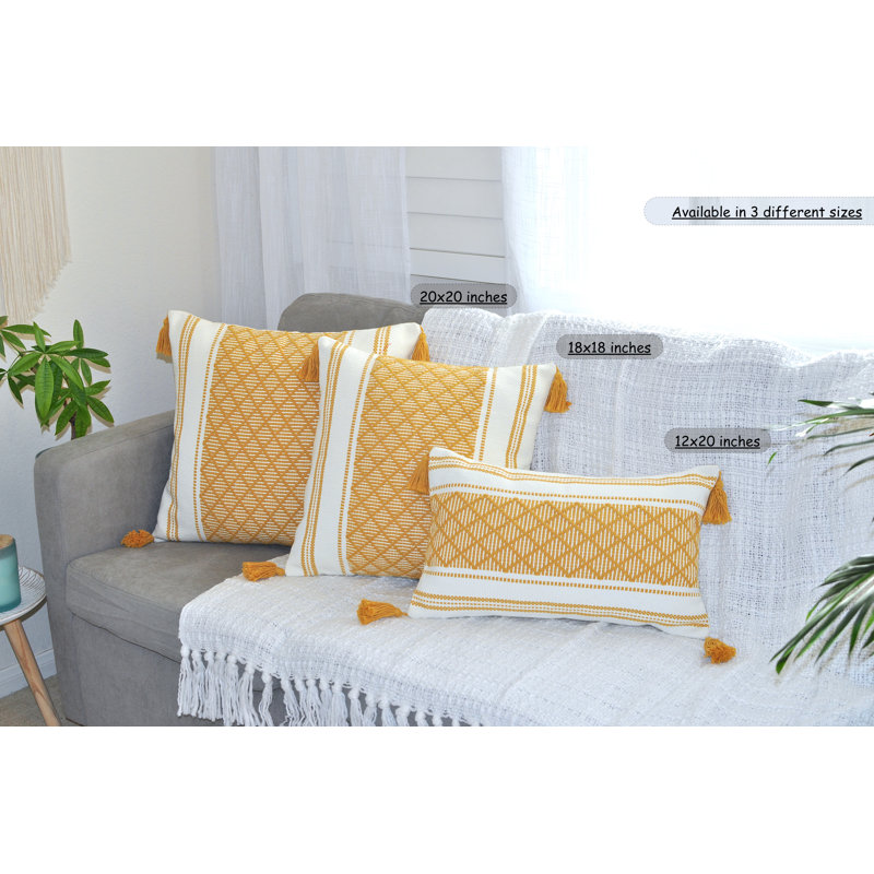 Mustard Yellow and Cream Cotton Boho Lumbar Pillowcases with Tassels