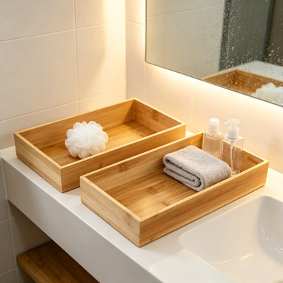 2 Pcs Bamboo Bathroom Trays for Toilet Tank and Countertop, Wood Vanity Organizer for Soap Dispenser Perfume and Home Decor, 9.8 x 5.5 Inch