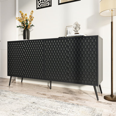 Buffet de style victorien d'inspiration 63 po, 5 pieds de support, 4 tablettes et armoire élégante contemporaine à finition bicolore pour la salle à manger, rangement réglable en nid d'abeille moderne
