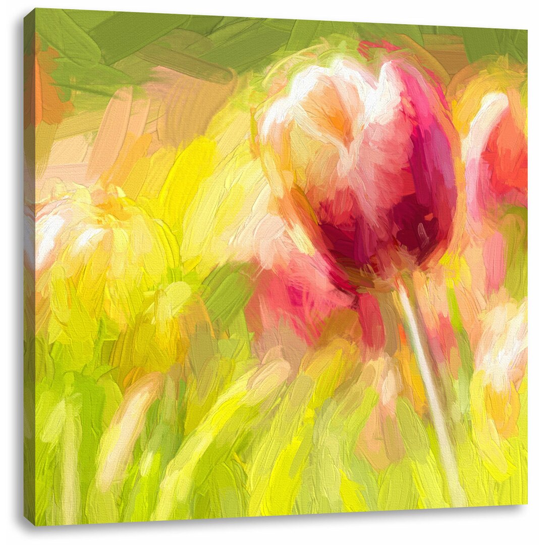 Leinwandbild Quadratisch Blühende rote Tulpen  Kunst Pinsel Effekt