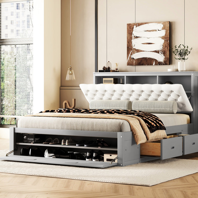Grand lit plateforme avec tête de lit à tablette, 4 tiroirs et range-chaussures, tiroirs de rangement en bois, support, Gris