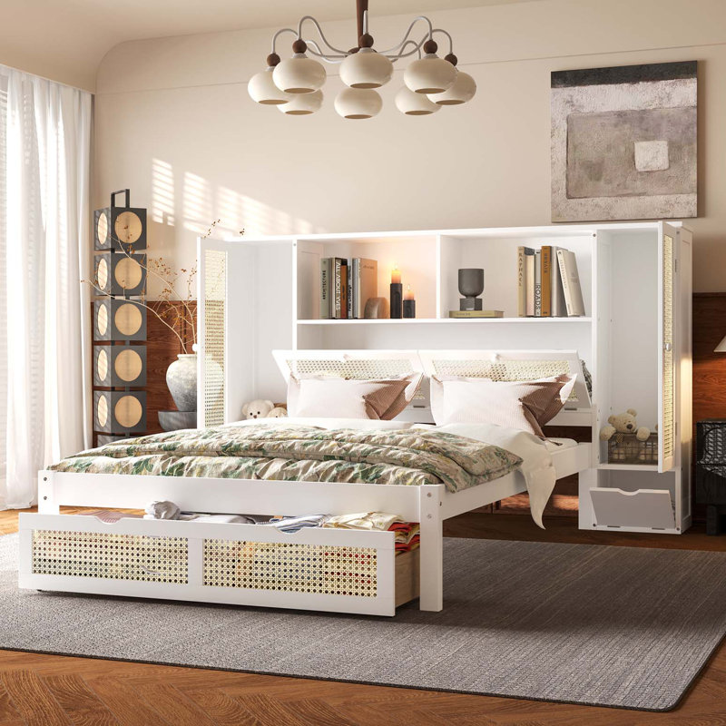 Lit simple en bois avec deux casiers de rangement, un tiroir et une tablette de rangement sur la tête de lit, lit plateforme multifonctionnel en rotin naturel
