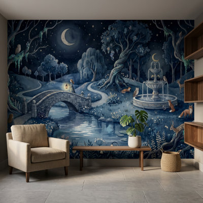 Moonlit Forest Wallpaper Storybook Illustration Night Landscape Removable Wall Decor