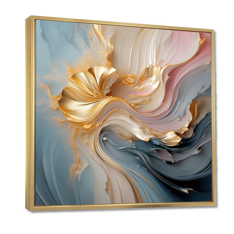 «Fluid Magnificence», art mural abstrait à l'encre liquide II, Toile avec cadre flottant or, H 36 po x l 36 po x P 1,5 po