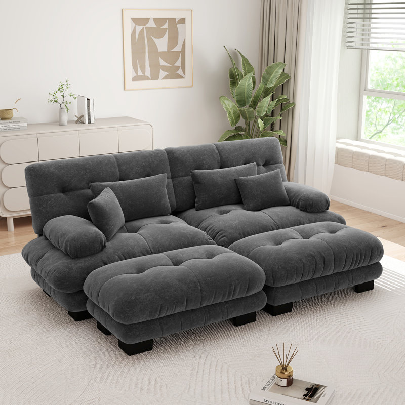 Ensemble de canapé Cloud 2 places en chenille avec 2 repose-pieds, canapé de salon à assise profonde et coussins, gris anthracite