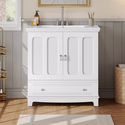 30" Bathroom Vanity With Ceramic Sink, Solid Wood Frame Bathroom Sink Cabinet With Adjustable Shelf, Drawer With Divider, Solid Wood Feet