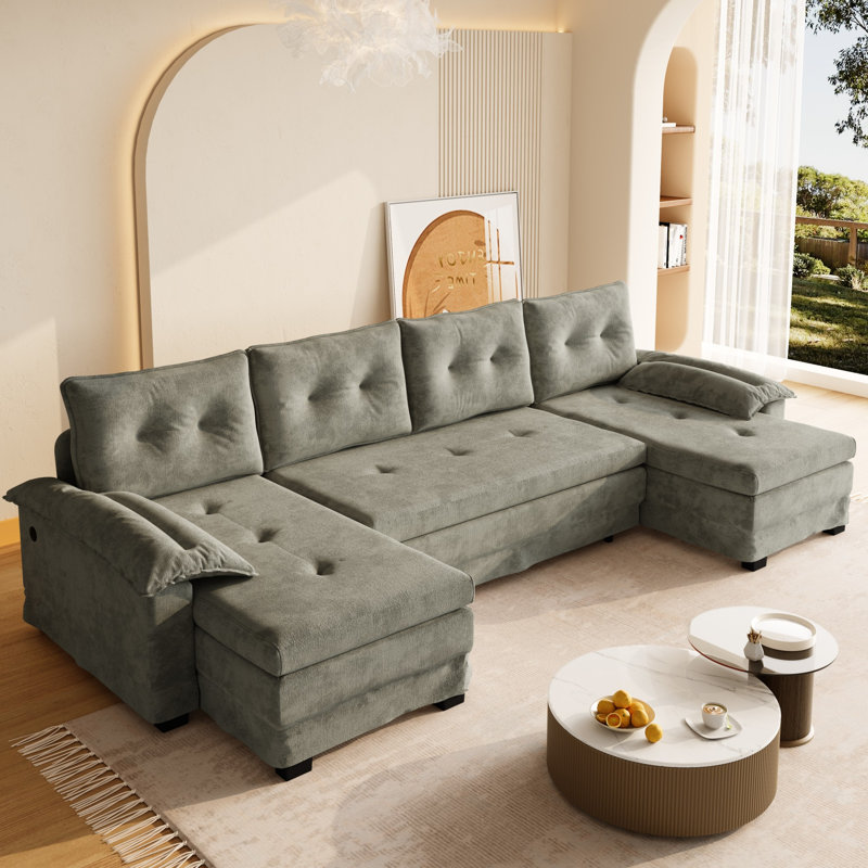 Canapé-lit modulaire de 109,5 po en forme de U avec lit escamotable, canapé convertible 2-en-1 avec ports USB, accoudoirs amovibles et méridienne surdimensionnée, gris clair
